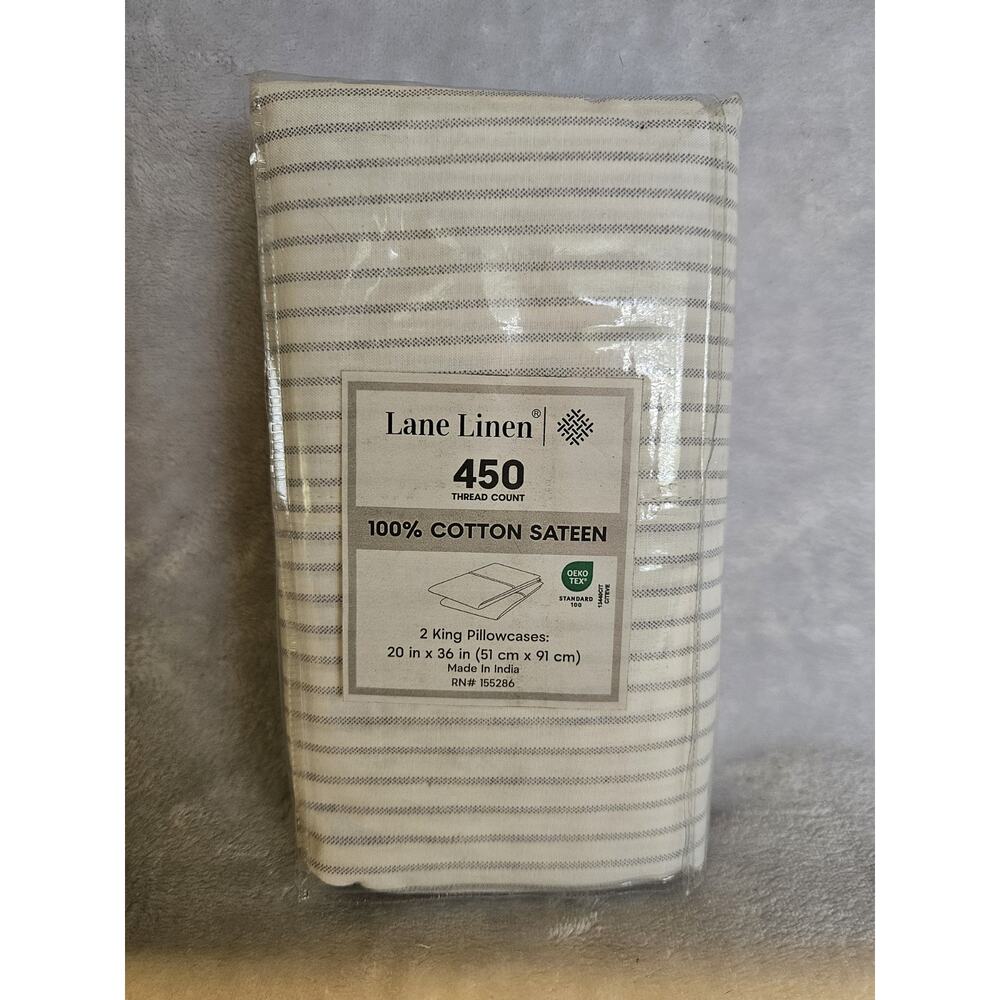 Lane Linen 450TC 100% Cotton Sateen King Pillowcases Striped 20x36in 2-Pack